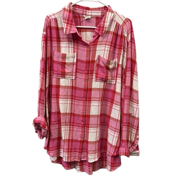 Cato Button Up Pink Shimmer Double Pocket Roll Tab Long Sleeve Shirt Plus 24W - Picture 2 of 15